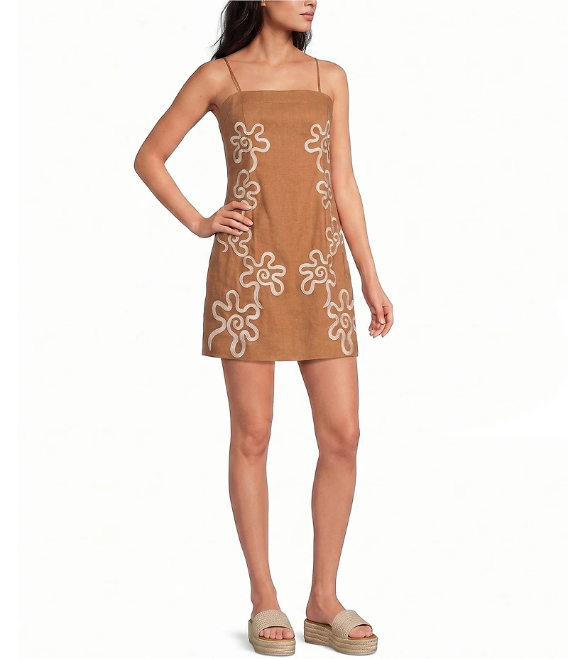 Gianni Bini Martha Floral Square Neck Sleeveless Linen Sheath Mini Dress