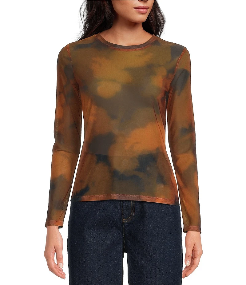 Gianni Bini Matty Printed Mesh Abstract Boat Neck Long Sleeve Top