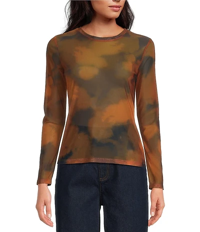 Gianni Bini Matty Printed Mesh Abstract Boat Neck Long Sleeve Top