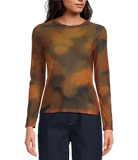 Gianni Bini Matty Printed Mesh Abstract Boat Neck Long Sleeve Top