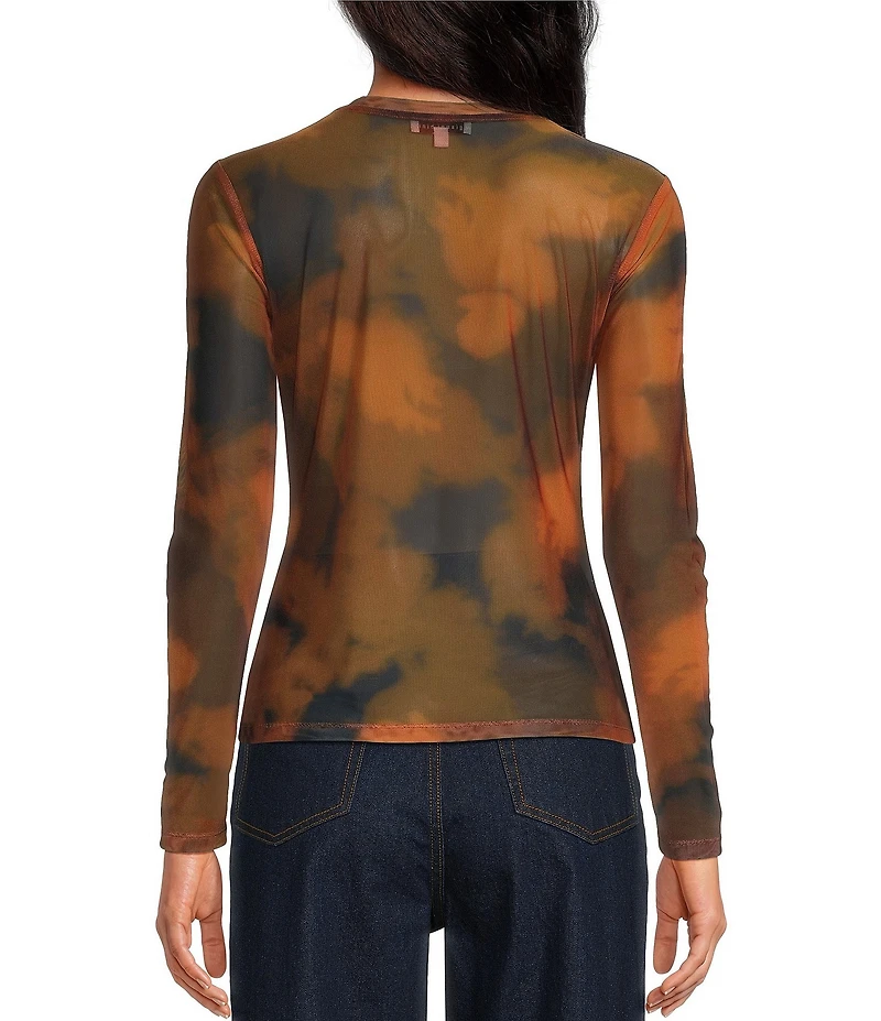Gianni Bini Matty Printed Mesh Abstract Boat Neck Long Sleeve Top