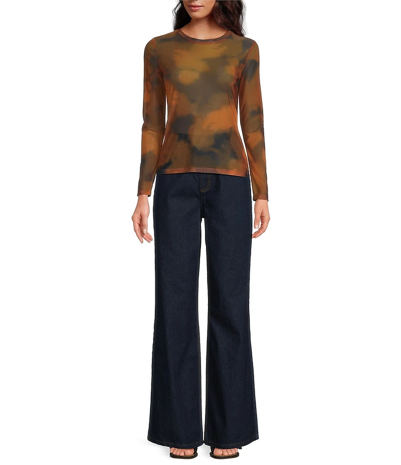 Gianni Bini Matty Printed Mesh Abstract Boat Neck Long Sleeve Top
