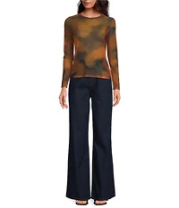Gianni Bini Matty Printed Mesh Abstract Boat Neck Long Sleeve Top