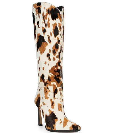 Gianni Bini Maybelle Cow Print Haircalf Snip Toe Kitten Heel Boots