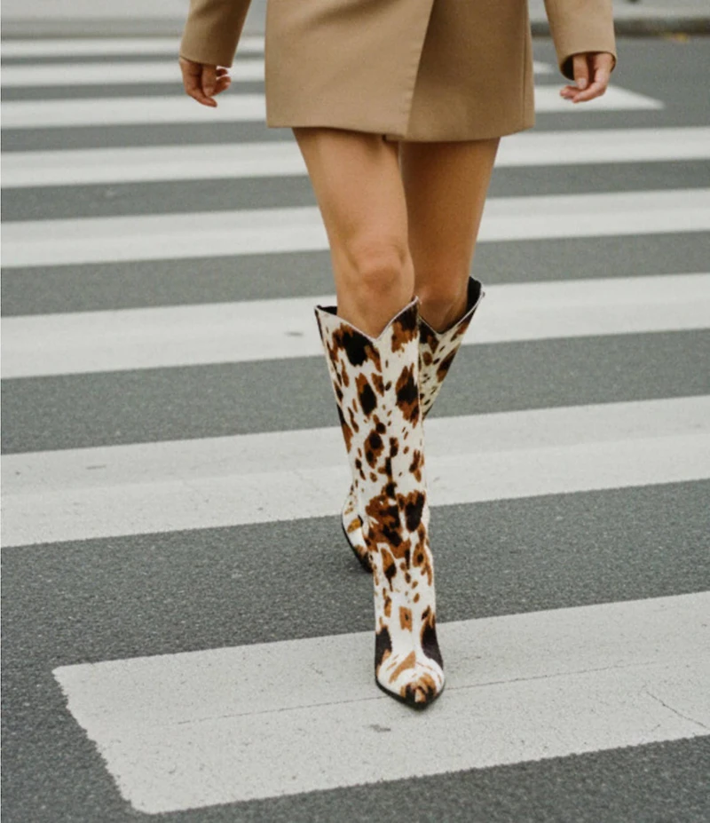Gianni Bini Maybelle Cow Print Haircalf Snip Toe Tall Boots