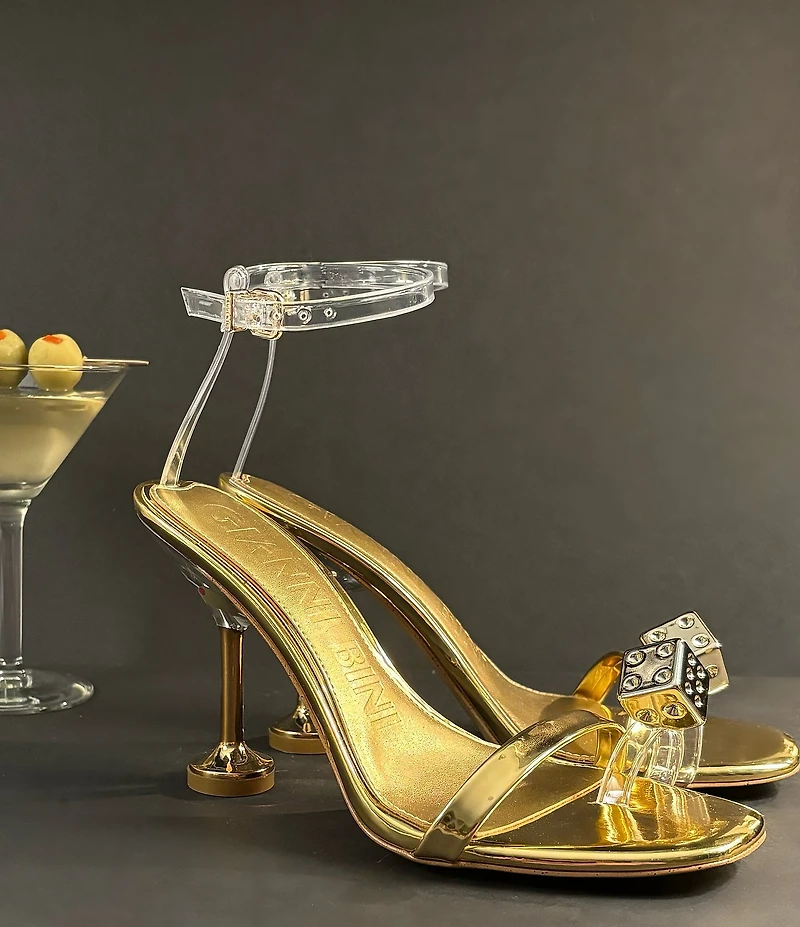 Gianni Bini Mirage Metallic Dice Toe Loop Ornament Martini Heel Dress Sandals