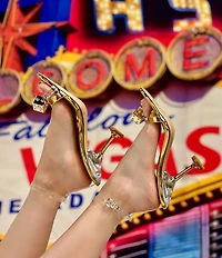 Gianni Bini Mirage Metallic Dice Toe Loop Ornament Martini Heel Dress Sandals