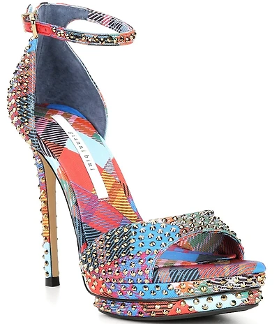 Gianni Bini Nessie Three Multicolored Plaid Rhinestone Platform Dress Sandals
