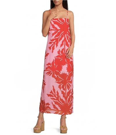 Gianni Bini Nia Hibiscus Printed Linen Square Neck Sleeveless Maxi Dress