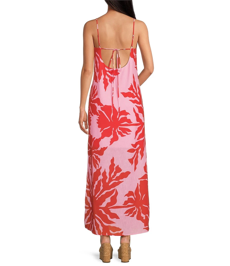 Gianni Bini Nia Hibiscus Printed Linen Square Neck Sleeveless Maxi Dress