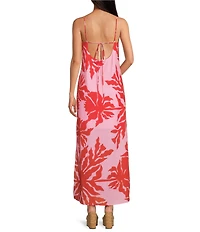 Gianni Bini Nia Hibiscus Printed Linen Square Neck Sleeveless Maxi Dress