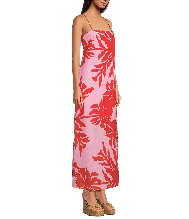 Gianni Bini Nia Hibiscus Printed Linen Square Neck Sleeveless Maxi Dress