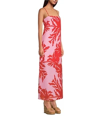 Gianni Bini Nia Hibiscus Printed Linen Square Neck Sleeveless Maxi Dress