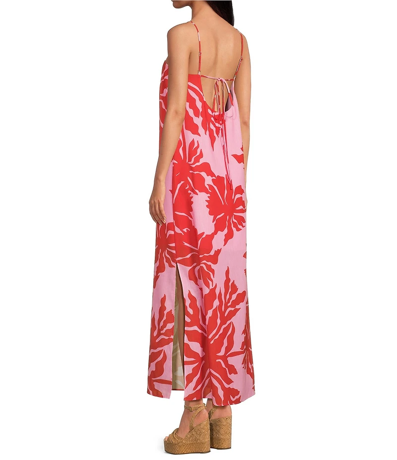 Gianni Bini Nia Hibiscus Printed Linen Square Neck Sleeveless Maxi Dress