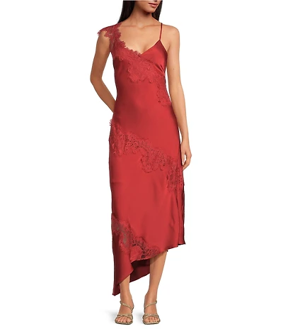 Gianni Bini Nora Satin Lace Detail Sleeveless Asymmetrical Hemline Slip Dress