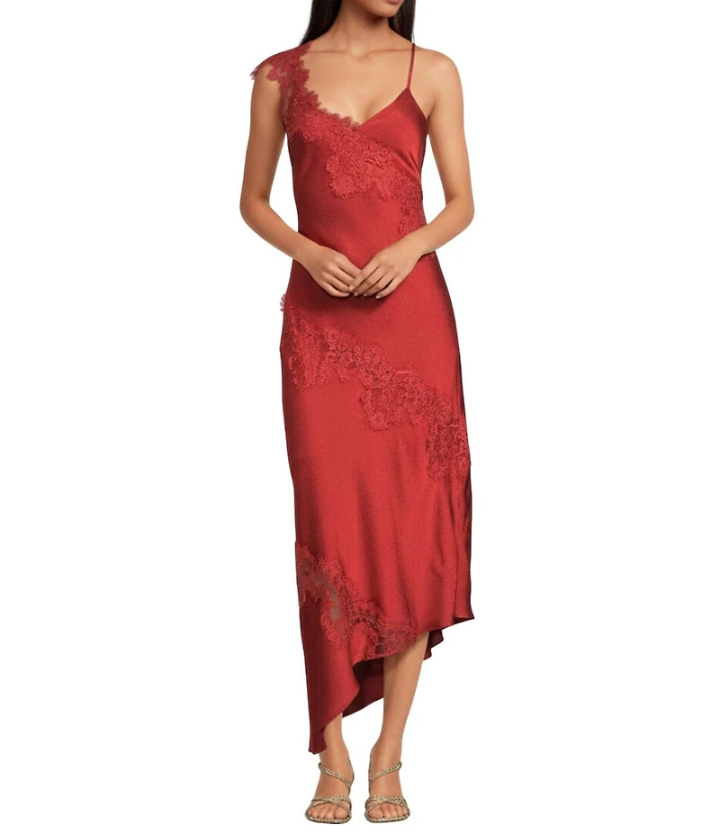 Gianni Bini Nora Satin Lace Detail Sleeveless Asymmetrical Hemline Slip Dress