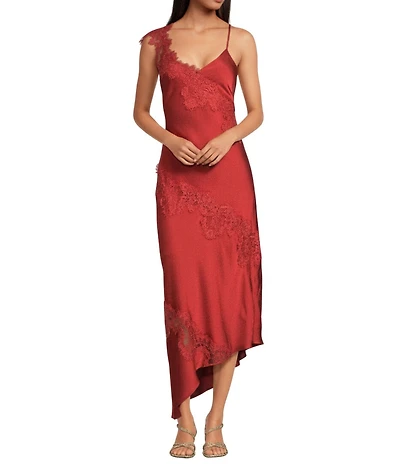 Gianni Bini Nora Satin Lace Detail Sleeveless Asymmetrical Hemline Slip Dress