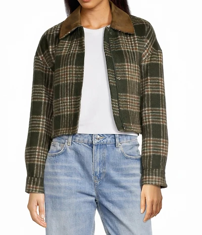 Gianni Bini North Brushed Plaid Suede Collar Bomber Jacket