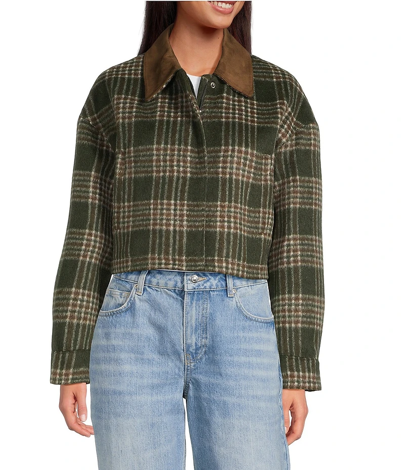 Gianni Bini North Brushed Plaid Suede Collar Bomber Jacket