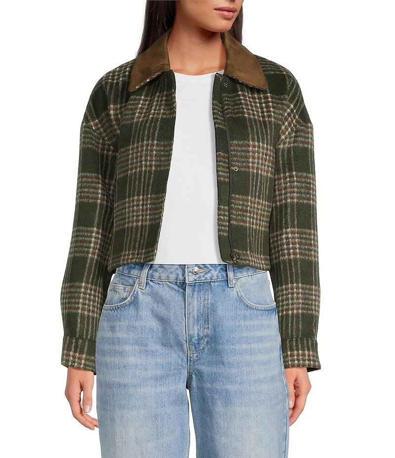 Gianni Bini North Brushed Plaid Suede Collar Bomber Jacket