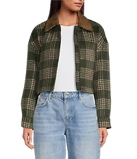 Gianni Bini North Brushed Plaid Suede Collar Bomber Jacket