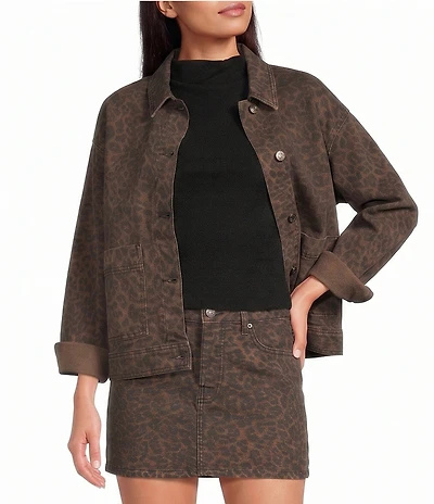 Gianni Bini Nova Leopard Print Collared Long Sleeve Denim Coordinating Jacket