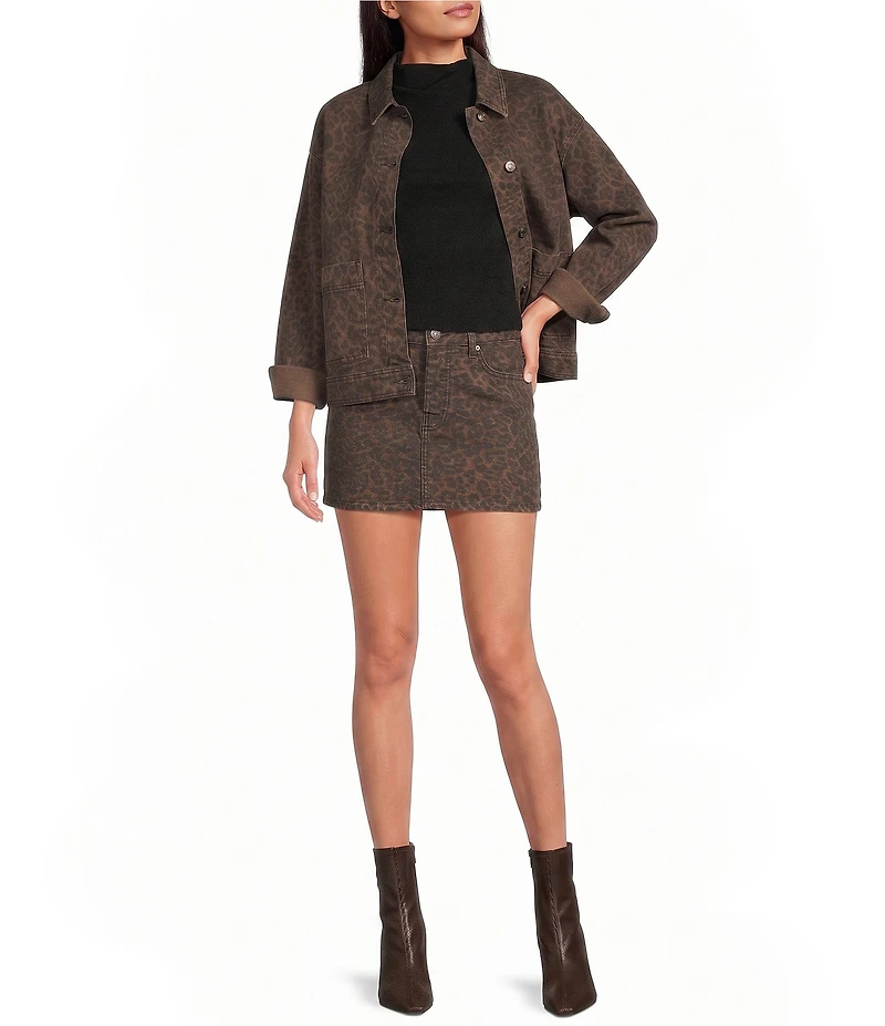Gianni Bini Nova Leopard Print Collared Long Sleeve Denim Coordinating Jacket