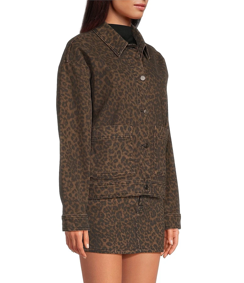 Gianni Bini Nova Leopard Print Collared Long Sleeve Denim Coordinating Jacket