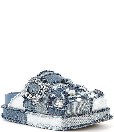 Gianni Bini Omari Denim Patchwork Jewel and Pearl Ornamented Platform Clogs