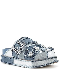 Gianni Bini Omari Denim Patchwork Jewel and Pearl Ornamented Platform Clogs