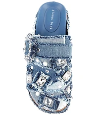 Gianni Bini Omari Denim Patchwork Jewel and Pearl Ornamented Platform Clogs