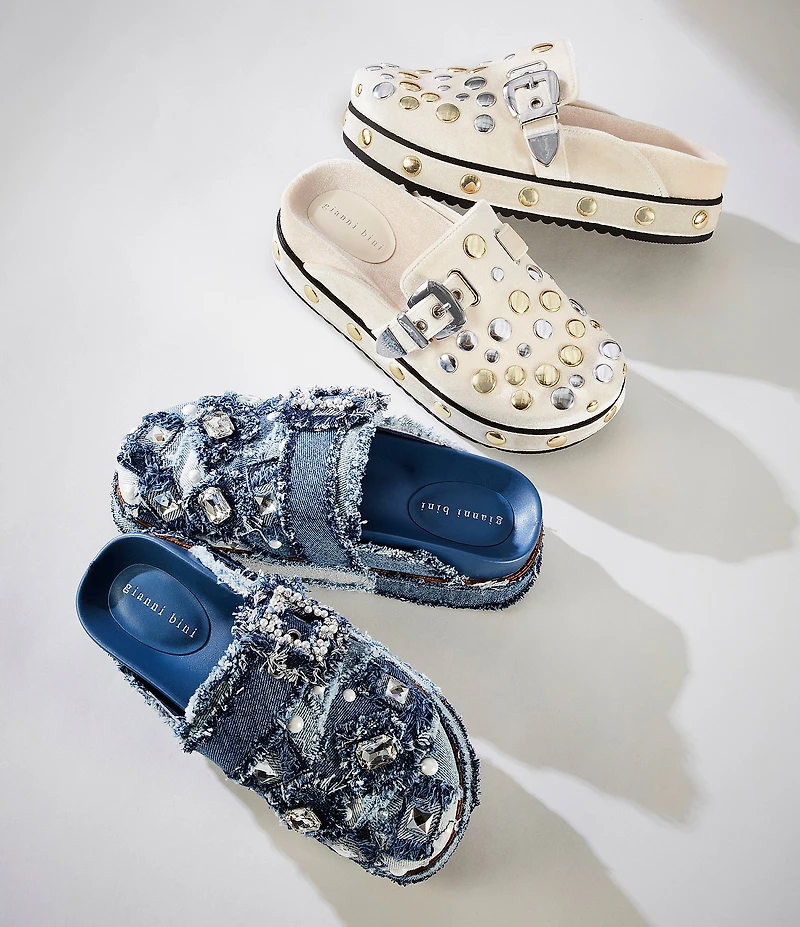 Gianni Bini Omari Denim Patchwork Jewel and Pearl Ornamented Platform Clogs