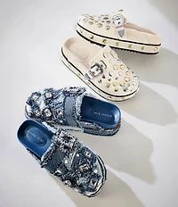 Gianni Bini Omari Denim Patchwork Jewel and Pearl Ornamented Platform Clogs