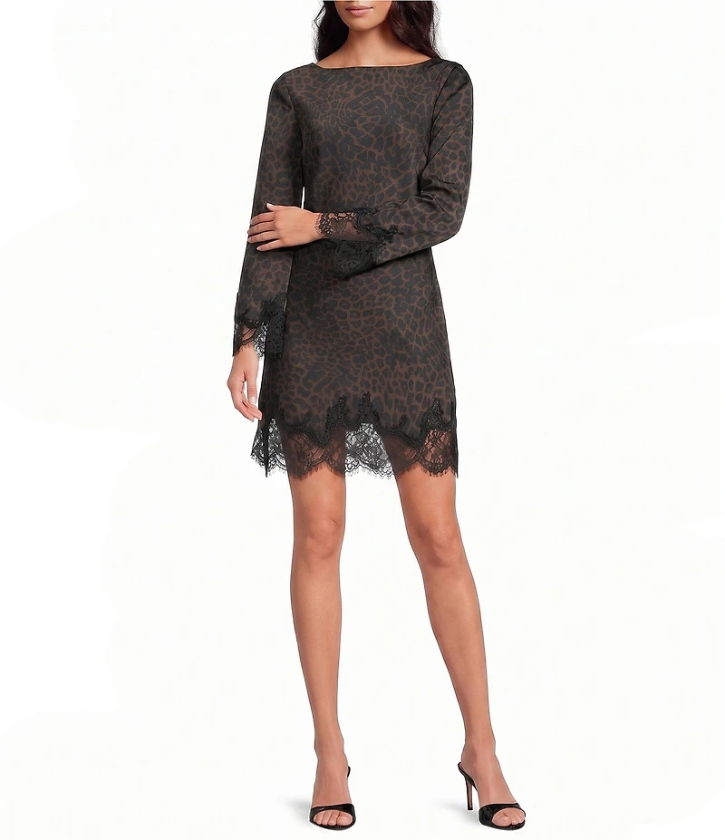 Gianni Bini Oren Leopard Print Satin Boat Neck Long Sleeve Mini Dress