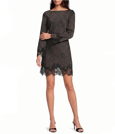 Gianni Bini Oren Leopard Print Satin Boat Neck Long Sleeve Mini Dress