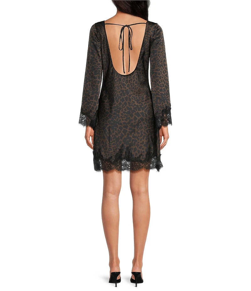 Gianni Bini Oren Leopard Print Satin Boat Neck Long Sleeve Mini Dress
