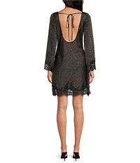 Gianni Bini Oren Leopard Print Satin Boat Neck Long Sleeve Mini Dress
