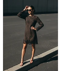 Gianni Bini Oren Leopard Print Satin Boat Neck Long Sleeve Mini Dress