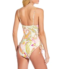 Gianni Bini Paisley Square Neck Ruched Tie Side One Piece Swimsuit
