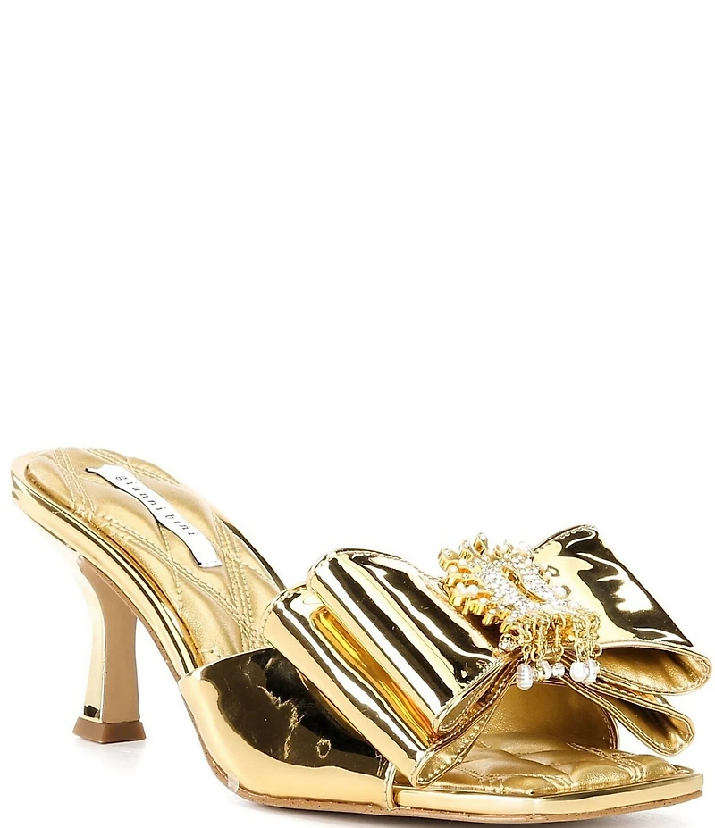 Gianni Bini Peeka Patent Metallic Rhinestone Keyhole Ornament Bow Dress Slide Sandals