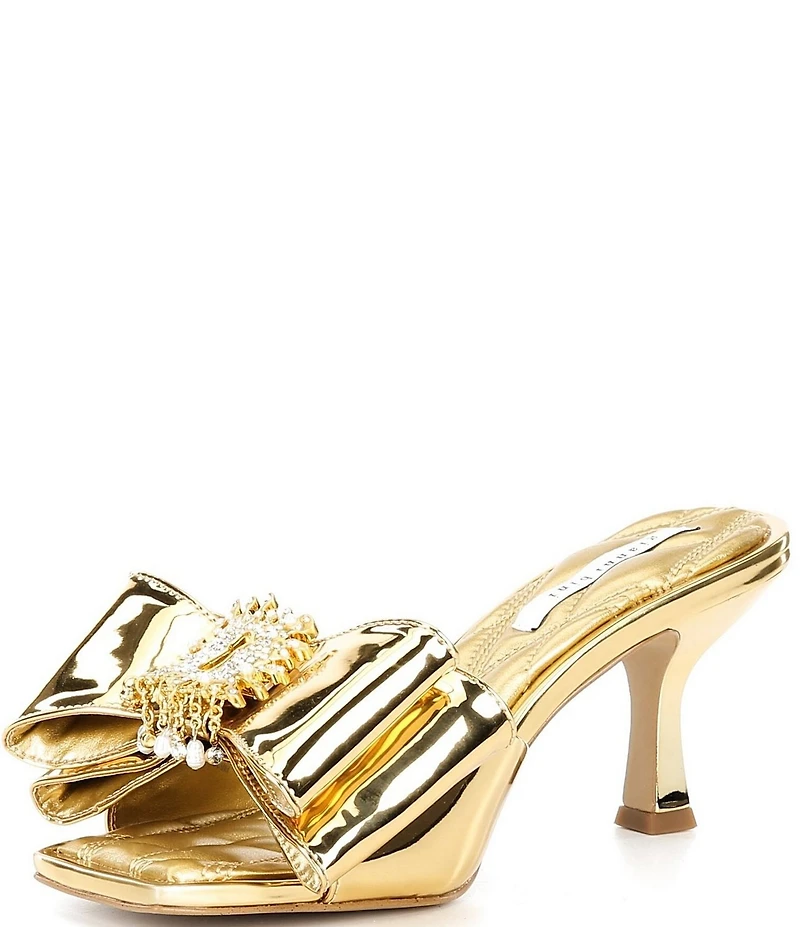 Gianni Bini Peeka Patent Metallic Rhinestone Keyhole Ornament Bow Dress Slide Sandals