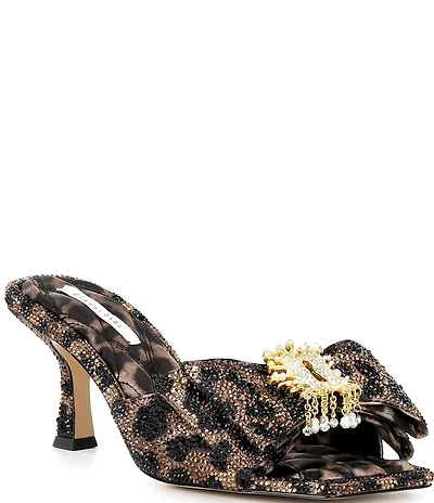 Gianni Bini PeekaTwo Bling Leopard Print Rhinestone Keyhole Ornament Bow Dress Slide Sandals