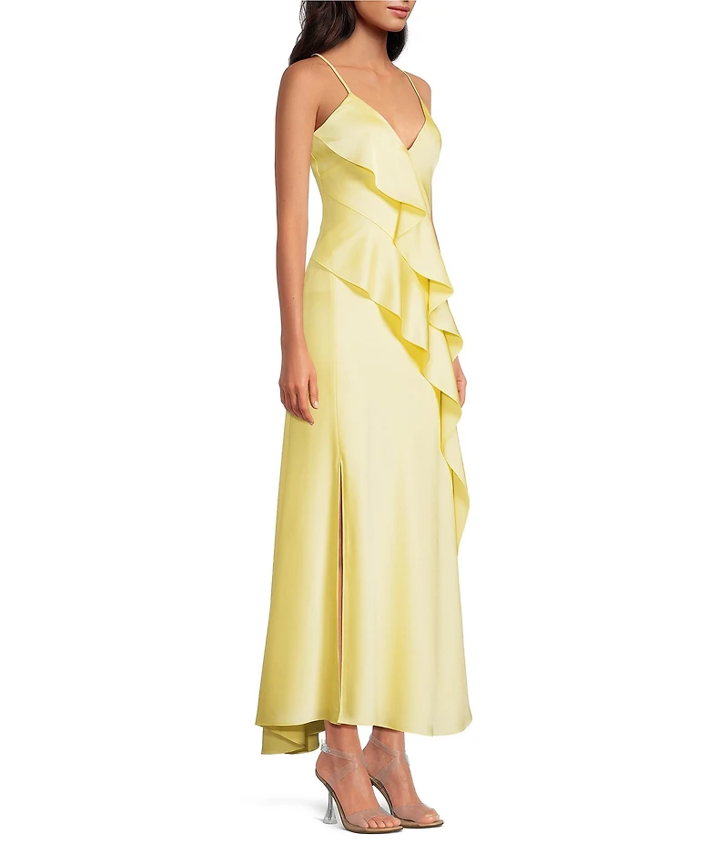 Gianni Bini Quinn Ruffle Draped V-Neck Sleeveless Satin Dress