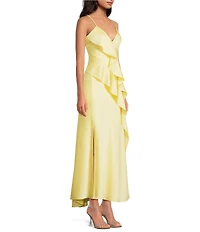 Gianni Bini Quinn Ruffle Draped V-Neck Sleeveless Satin Dress