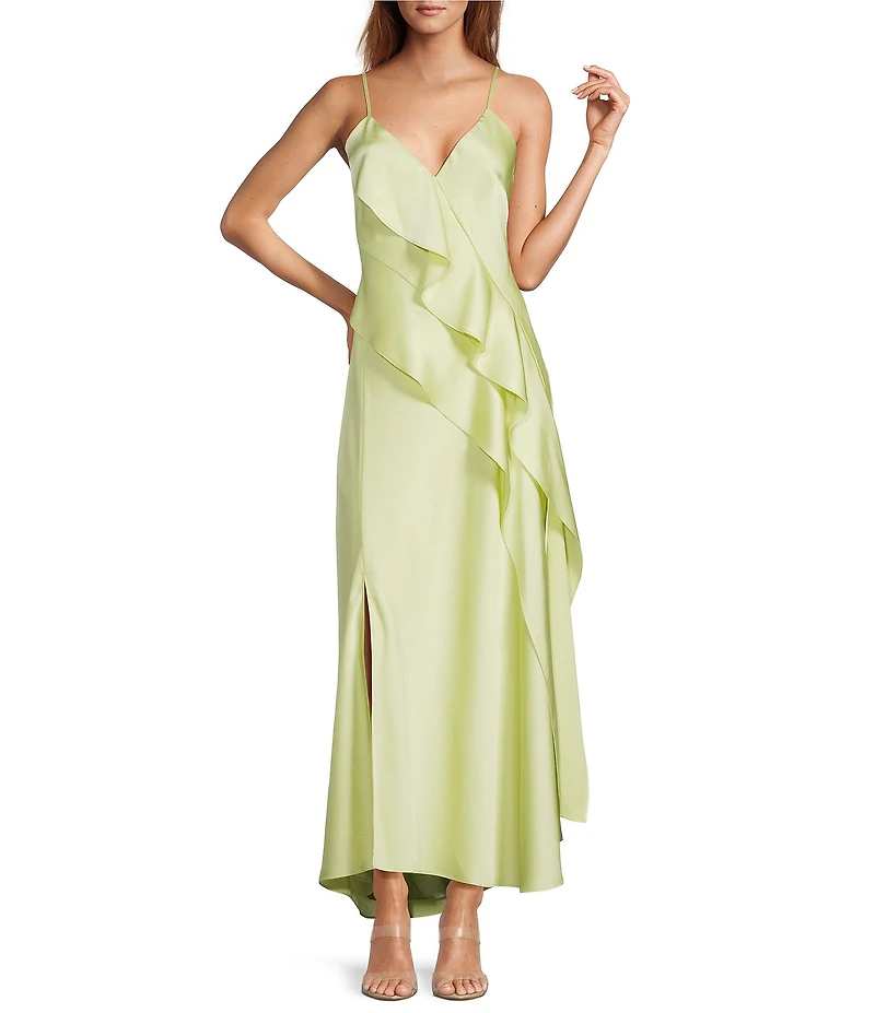 Gianni Bini Quinn Ruffle Draped V-Neck Sleeveless Satin Dress