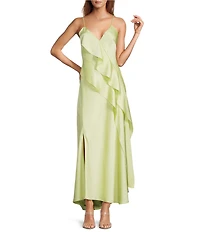 Gianni Bini Quinn Ruffle Draped V-Neck Sleeveless Satin Dress