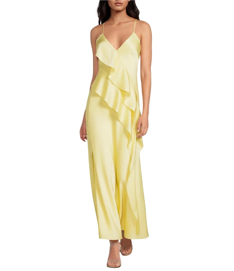 Gianni Bini Quinn Ruffle Draped V-Neck Sleeveless Satin Dress