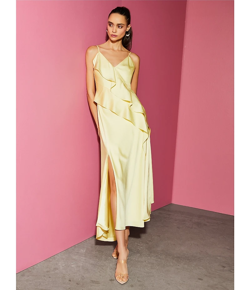 Gianni Bini Quinn Ruffle Draped V-Neck Sleeveless Satin Dress