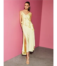 Gianni Bini Quinn Ruffle Draped V-Neck Sleeveless Satin Dress