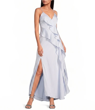 Gianni Bini Quinn Ruffle Draped V-Neck Sleeveless Satin Dress